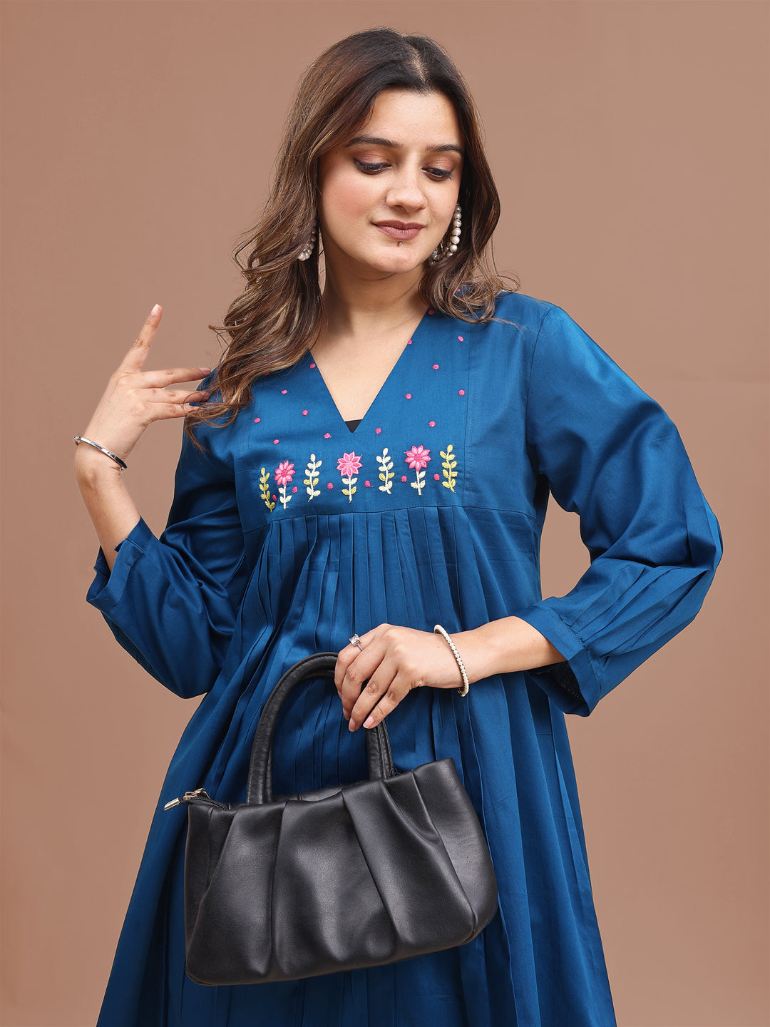 Teal Colored Cotton Blend Embroidered Yoke & Pleats Tunic With Co-ord Set